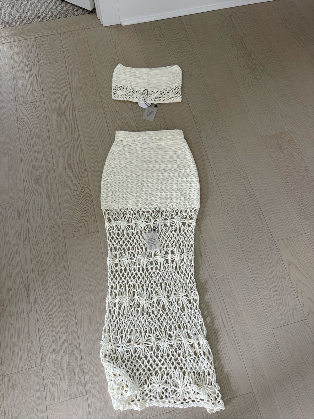 Cream Crochet Two-Piece Set - Strapless Top & Maxi Skirt